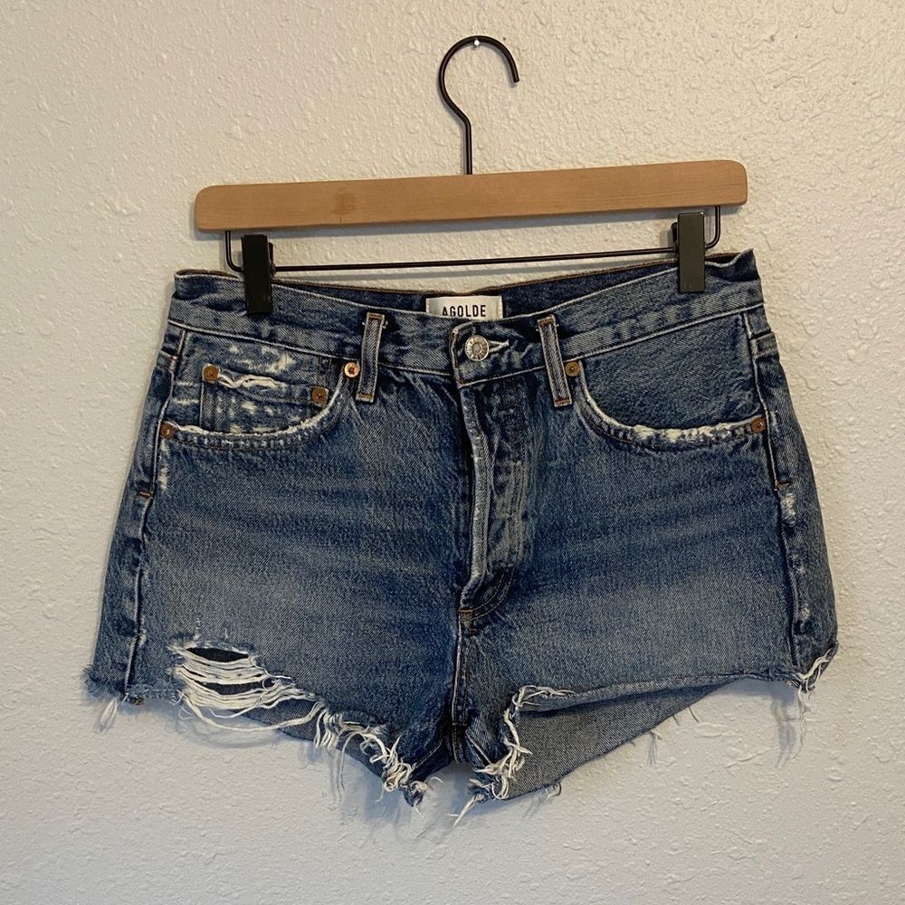 AGOLDE Medium Blue Wash Parker Vintage Cut Off Distressed Denim Shorts Size 27